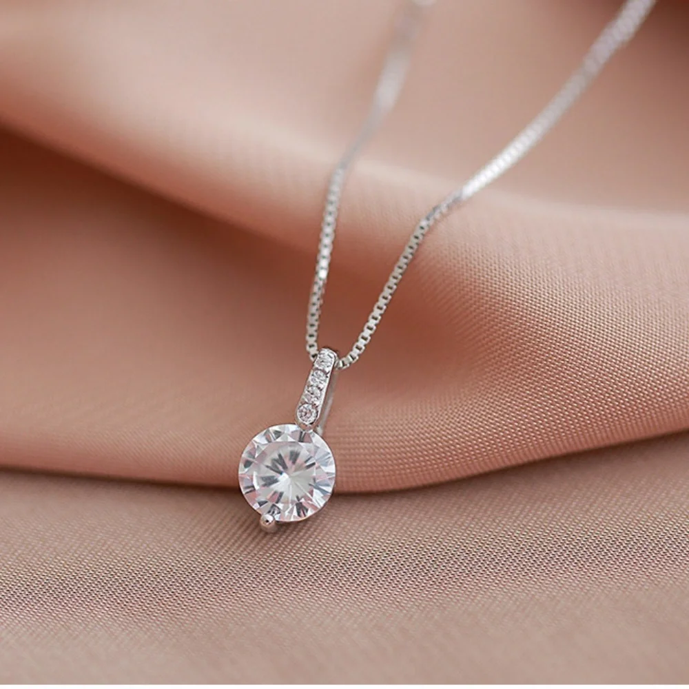 Sterling Silver Drop Bar Round Simulated Diamond Pendant Necklace - Picture 7 of 10